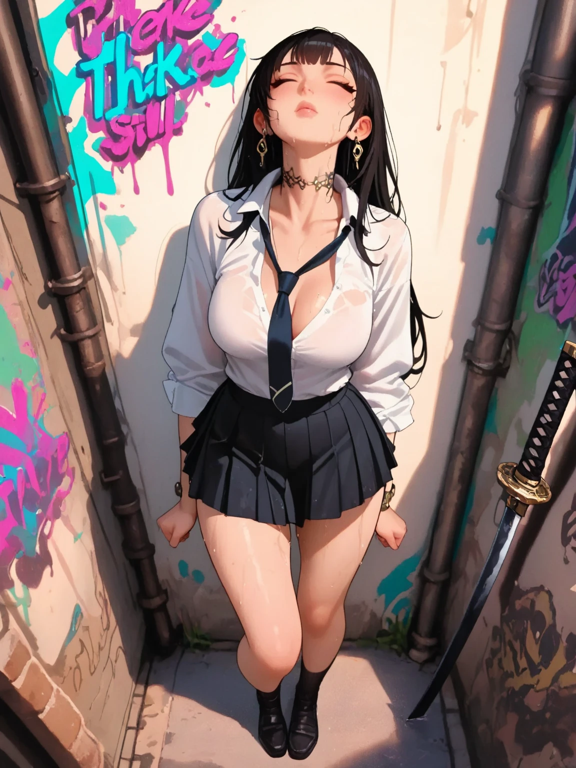 tsubasa hanekawa、Glasses、black hairの、big breasts、 (black hair, brown eyes, round face), big breasts, With ribbon, [full body shot]、wearing a black dog collar,full body shot、Glasses、head to toe shot、Compete for big breasts in the bright sunlight、compressed the chest with a rope.、woman in chains、((masterpiece)), ((highest quality)), (Super detailed), ((cute)), cute, (Lovely), ((very detailed)), 4K, (8K), highest quality, (beautiful), anime style、pink nipples、