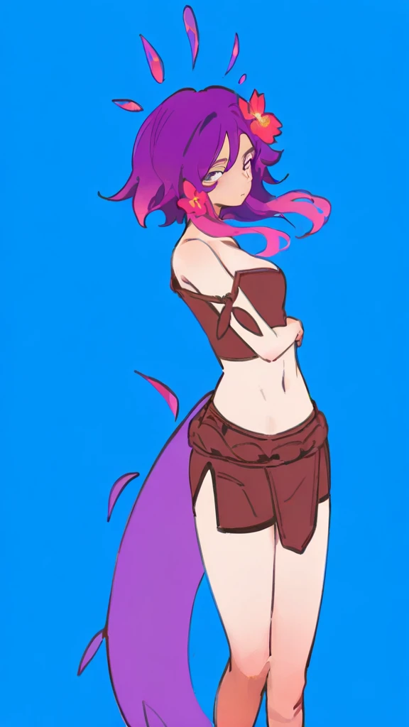 1 girl, Zoey, (Heterochromia:1.3), (long hair), (dirty hair), purple hair , in thongs and crop top, lush, magic hair, sucks dick