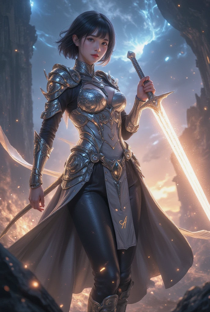 Epic CG masterpiece, cyberpunk style Chinese girl, stunningly beautiful, holding a samurai sword, tech and chinoiserie clothes, graphic tension, dynamic poses, stunning colors, 3D rendering, surrealism, cinematic lighting effects, realism, 00 renderer, super realistic,masterpiece, best quality, 32k uhd, insane details, intricate details, hyperdetailed, hyper quality, high detail, ultra detailed, Masterpiece,