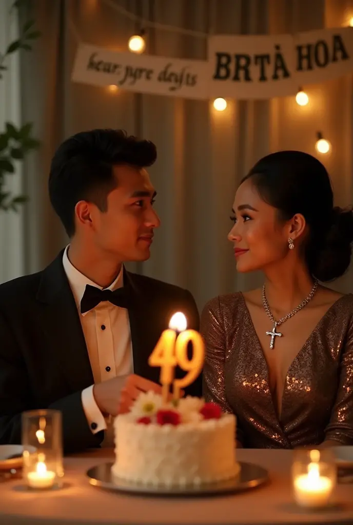49th birthday celebration dinner of an Indonesian woman showing 1 extremely beautiful lady and 1 good looking gentleman wearing upscale attires, the lady is wearing a diamond necklace with a cross at the end, hyper realistic, UHD image, romantic vibe. Both people are facing camera. The gentleman is giving a birthday give to the lady. There is a cake with candle number 49 and message "for Diah". A banner behind with showing the date of 07 September 2024