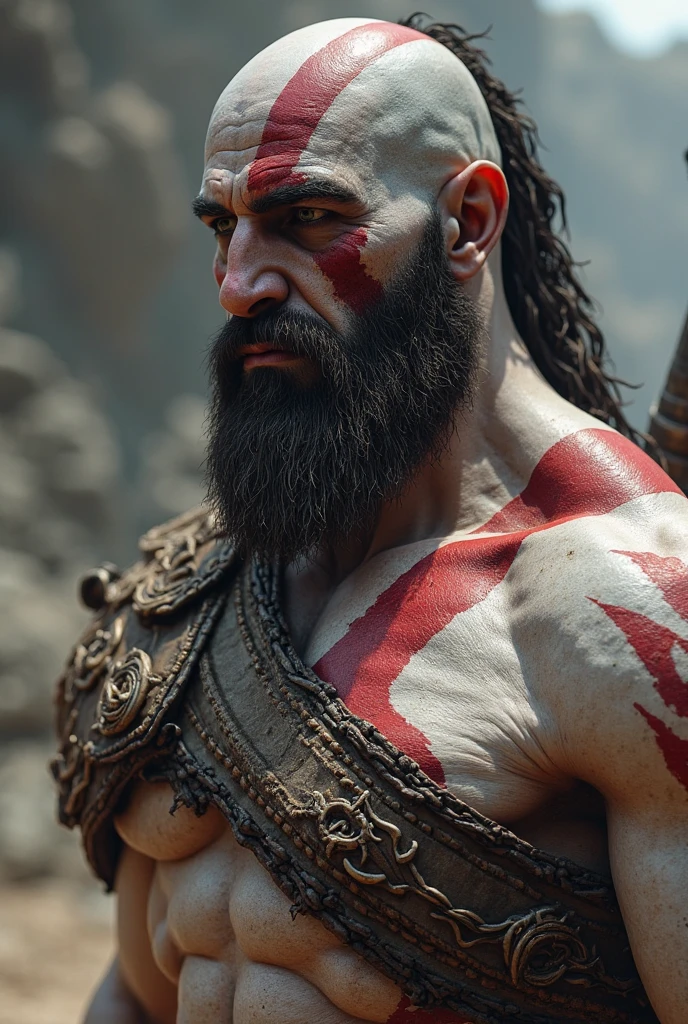 Create a Kratos realistic, with black skin, beard only in his chin, very shor dreads, using bloody blade of chaos, high definition, realistic, (god of war) (kratos)