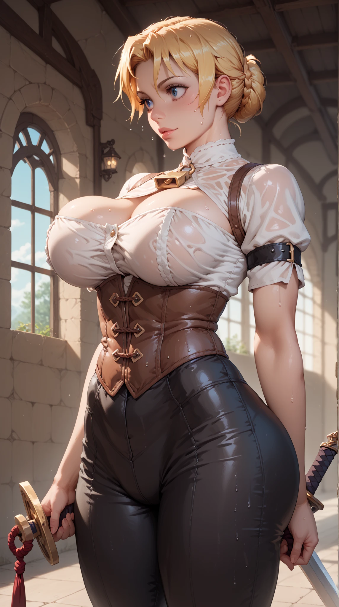 （Front Focus），Surrealist portraits of women by David Hockney and Alphonse Mucha，((ultra gigantic tits))、((Upper body naked))、Steampunk world、Steampunk street corner、((steampunc))、((a blond)short-hair)、a blond、( Exposed)、(((A smile)))、((Wearing sexy skirts and steampunk clothes))、Fantasyart，(((Gold Shorthair)))、(((Steampunk Skirt Costume)))、wearing steampunk attire、((Steampunk clothes with few sexy fabrics))、photographrealistic，动态照明，art  stations，poster for，Volumetriclighting，extra detailed face，4 k''，((Colossal tits))、Beautifully embroidered sexy steampunk clothes，With diamonds，Sexy thighs，Decorated with fine steampunk costumes and fine jewelry，exposing the abdomen ,Chest 1 Girl, In the Dark, deepshadow, low tune, Cowboy Shot,(official clothing:1.4), The eyes are confused and seductive，legs separated