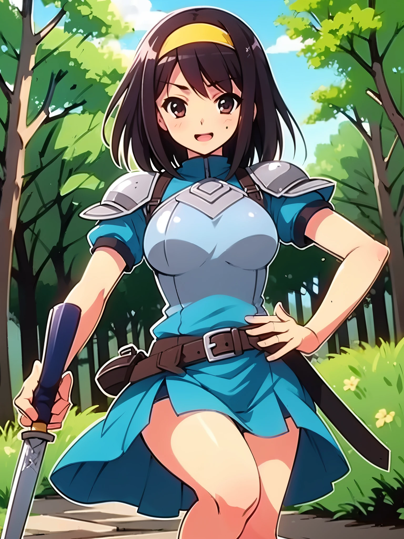 in beautiful forest, Best quality, ultra detailed, 8k, have a sword, yellow head band, wearing armor,