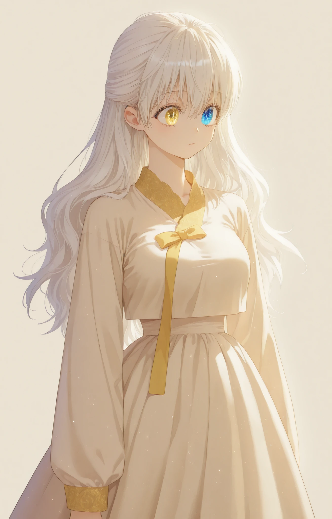 Masterpiece, newest, HD Quality, safe, good anatomy, good lighting, , good resolution, beautiful, anime. long white hair. heterochromia:Sky blue right eye and Golden Yellow left eye, glitter on the eyes, dark eyelashes, piel clara, slim build, Medium Breasts Size C. She is 18 years old, measures 1'66 cm. looking at the spectator, Alone, Simple Beige Background. Wearing traditional Hanbok.
