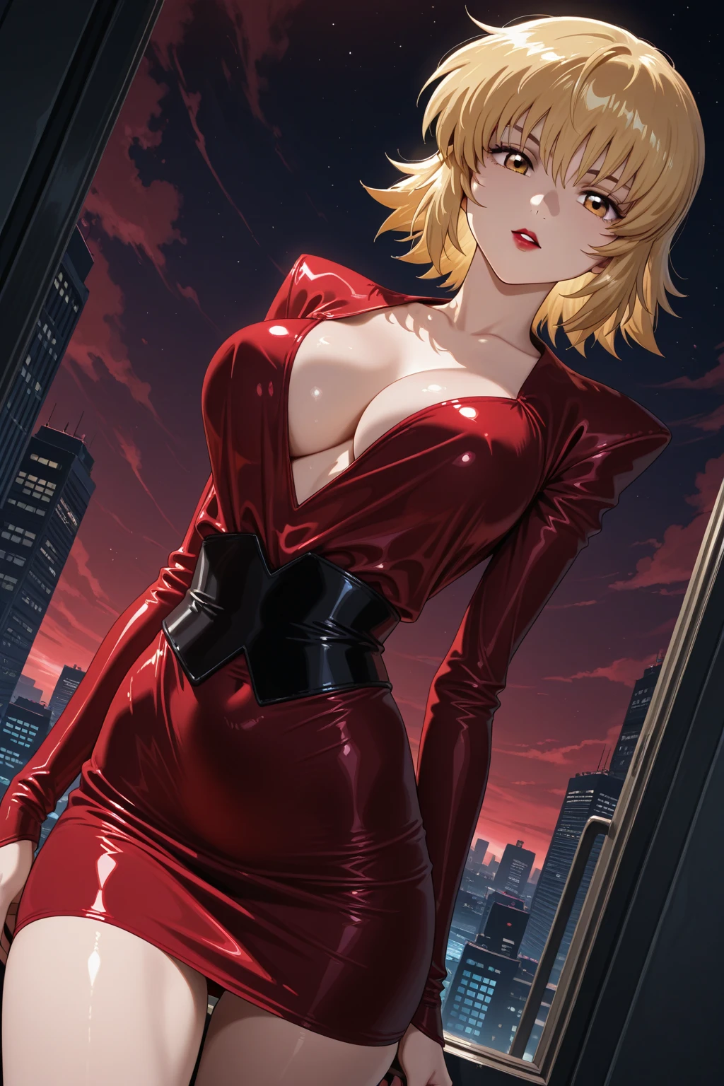 masterpiece, high quality, perfect human structure, (perfect hand structure:1.05), (perfect finger structure:1.05), perfect anatomy, (clear finger expression:1.25), (clear hands expression:1.25), (perfect body:1.2), (perfect face:1.2), solo, (1 girl:1.25), official art, (anime:1.05), (anime screen capture:1.05), (slim:1.75), (skinny:1.75), (glamorous:1.05),
(blond hair:1.5), short hair, shoulder length, (brown eyes:1.5), tall,
(seven life size:1.4), (large breasts:1.5), (adult:1.75), (pastel colour:1.75),
(cowboy shot:1.2), (from front:1.75), (looking at viewer:1.35),
(smile:1.5), (open mouth:1.2), (blush:1.5), (opening own eyes wide:1.5),
(sleeveless:1.75), (cleavage cutout:1.25),
(red latex dress:1.5), (red high neck evening dress:1.75), (tight dress:1.75),
(red latex elbow high gloves:1.75),
(pendant:1.75),
(standing:1.75),
(arm behind back:1.5),
(black leather holding handbag in hand:1.75),
(midnight:1.75), (star:1.75),
(large city:1.75),
cagalli yula athha,