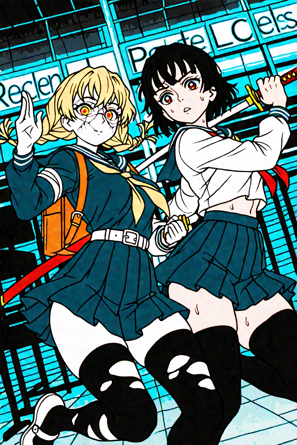High School Swordfighter, By day, a disciplined honor student in a navy pleated skirt and ribbon-tied blazer. By night, the city's unseen protector - her polished school shoes crunching demon glass as she leaps between neon signs, katana gleaming under streetlights. The slit in her regulation skirt allows for lethal high kicks, her loosened tie whipping through the air like a battle standard. She adjusts her cracked glasses with one hand while parrying a hellhound's fangs with the other, sweat glistening where her rolled-up sleeves reveal ancient combat tattoos. Behind her, terrified classmates huddle near a konbini's glow, unaware the quiet girl who shares their calculus notes now stands between them and the abyss. school uniform combat, hidden warrior, demon slayer, urban fantasy, katana wielder, torn stockings, glowing blade, protective stance, wind-swept skirt, night battle, cracked glasses, honor student duality, neon and shadow contrast, defensive posture, loose necktie, thigh-high socks with garters visible, bloodstained math textbook in abandoned backpack, bioluminescent demon ichor, convenience store light casting dramatic shadows, "ordinary girl" vs "monstrous threat" Play with uniform dishevelment: One sleeve torn at the shoulder, knee pad strapped over stockings Lighting contrast Harsh neon signs vs soft glow of blessed steel School crest embroidered with hidden protective charms Dynamic angles Low camera perspective emphasizing her vulnerability and power "When the bell rings, her real lessons begin" - A delicate balance between youthful innocence and hardened resolve, where every ribbon could be a bandage and every textbook might contain sealing spells.