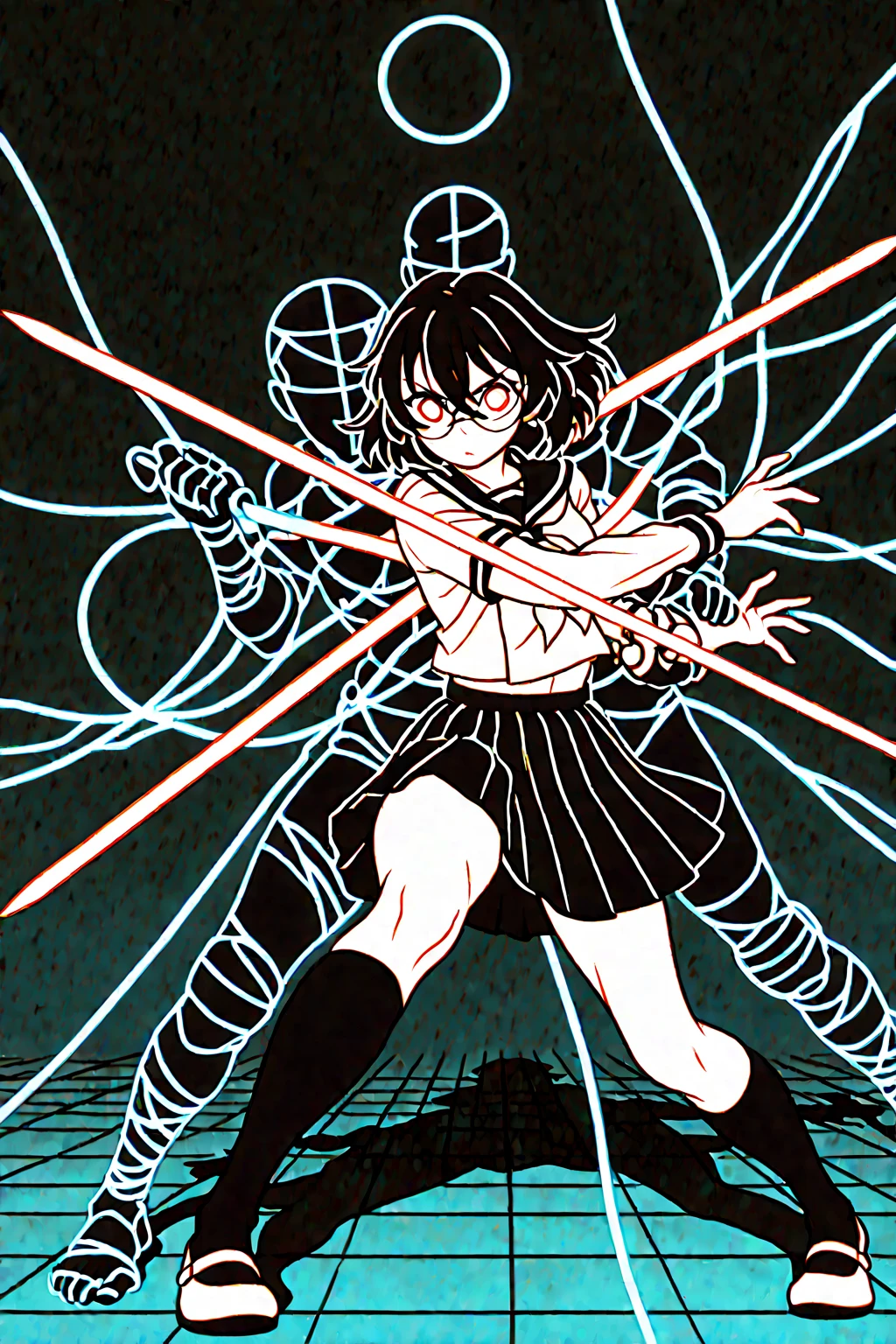 High School Swordfighter, By day, a disciplined honor student in a navy pleated skirt and ribbon-tied blazer. By night, the city's unseen protector - her polished school shoes crunching demon glass as she leaps between neon signs, katana gleaming under streetlights. The slit in her regulation skirt allows for lethal high kicks, her loosened tie whipping through the air like a battle standard. She adjusts her cracked glasses with one hand while parrying a hellhound's fangs with the other, sweat glistening where her rolled-up sleeves reveal ancient combat tattoos. Behind her, terrified classmates huddle near a konbini's glow, unaware the quiet girl who shares their calculus notes now stands between them and the abyss. school uniform combat, hidden warrior, demon slayer, urban fantasy, katana wielder, torn stockings, glowing blade, protective stance, wind-swept skirt, night battle, cracked glasses, honor student duality, neon and shadow contrast, defensive posture, loose necktie, thigh-high socks with garters visible, bloodstained math textbook in abandoned backpack, bioluminescent demon ichor, convenience store light casting dramatic shadows, "ordinary girl" vs "monstrous threat" Play with uniform dishevelment: One sleeve torn at the shoulder, knee pad strapped over stockings Lighting contrast Harsh neon signs vs soft glow of blessed steel School crest embroidered with hidden protective charms Dynamic angles Low camera perspective emphasizing her vulnerability and power "When the bell rings, her real lessons begin" - A delicate balance between youthful innocence and hardened resolve, where every ribbon could be a bandage and every textbook might contain sealing spells.