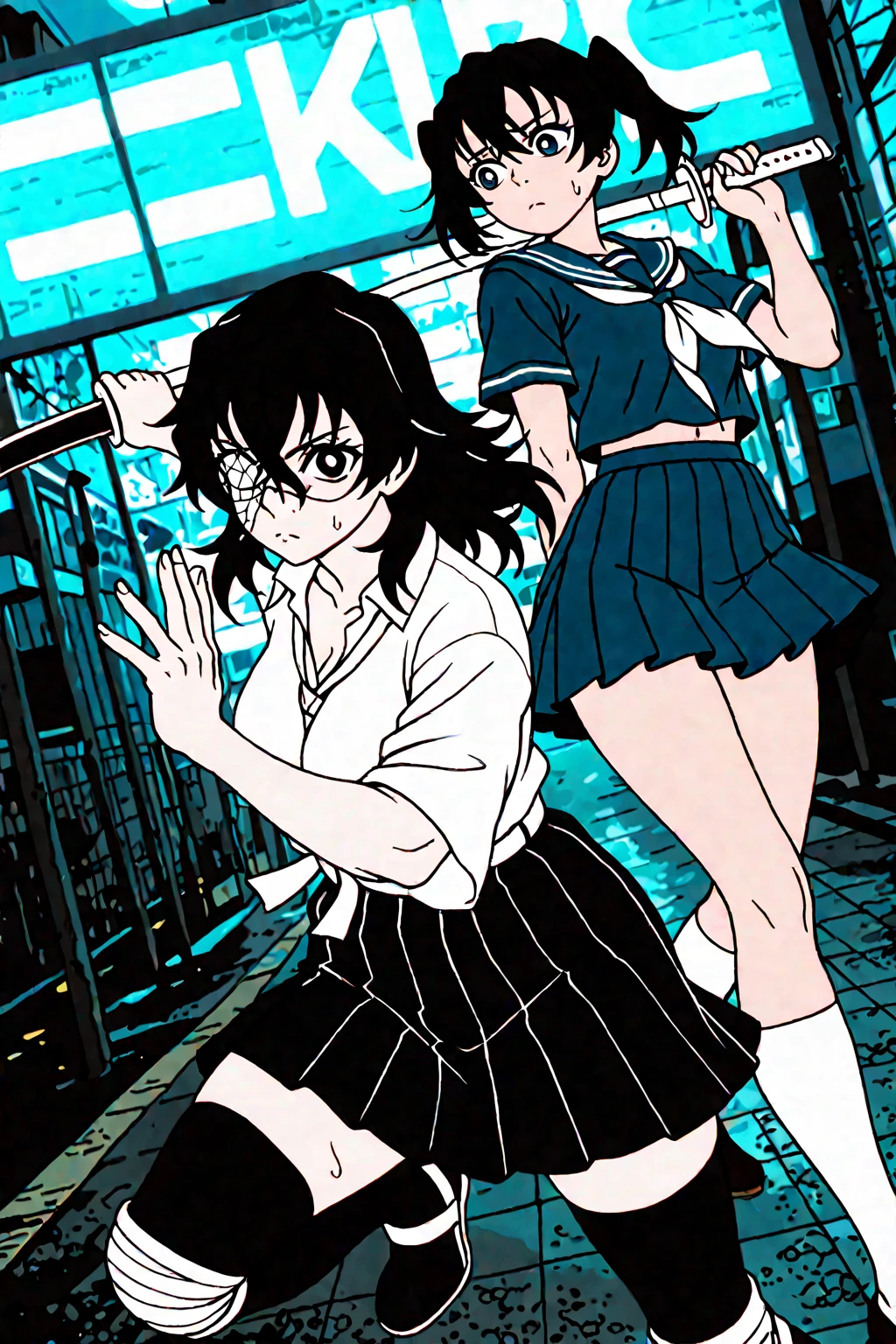 High School Swordfighter, By day, a disciplined honor student in a navy pleated skirt and ribbon-tied blazer. By night, the city's unseen protector - her polished school shoes crunching demon glass as she leaps between neon signs, katana gleaming under streetlights. The slit in her regulation skirt allows for lethal high kicks, her loosened tie whipping through the air like a battle standard. She adjusts her cracked glasses with one hand while parrying a hellhound's fangs with the other, sweat glistening where her rolled-up sleeves reveal ancient combat tattoos. Behind her, terrified classmates huddle near a konbini's glow, unaware the quiet girl who shares their calculus notes now stands between them and the abyss. school uniform combat, hidden warrior, demon slayer, urban fantasy, katana wielder, torn stockings, glowing blade, protective stance, wind-swept skirt, night battle, cracked glasses, honor student duality, neon and shadow contrast, defensive posture, loose necktie, thigh-high socks with garters visible, bloodstained math textbook in abandoned backpack, bioluminescent demon ichor, convenience store light casting dramatic shadows, "ordinary girl" vs "monstrous threat" Play with uniform dishevelment: One sleeve torn at the shoulder, knee pad strapped over stockings Lighting contrast Harsh neon signs vs soft glow of blessed steel School crest embroidered with hidden protective charms Dynamic angles Low camera perspective emphasizing her vulnerability and power "When the bell rings, her real lessons begin" - A delicate balance between youthful innocence and hardened resolve, where every ribbon could be a bandage and every textbook might contain sealing spells.