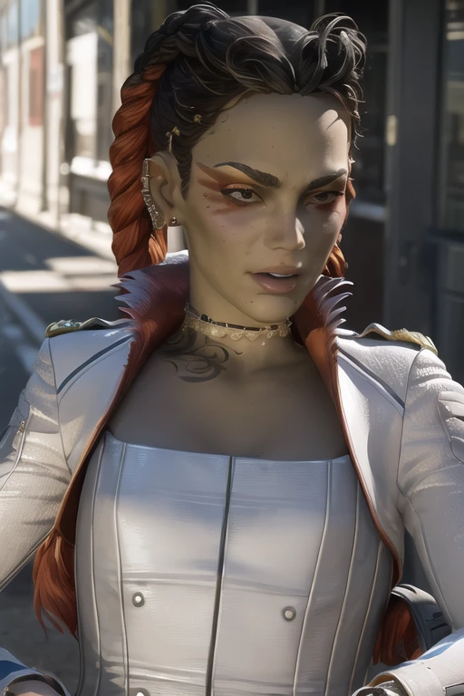 masutepiece, Loba Apex Legends, Best Quality, 1girl in, Upper body, (look at viewr:1.4), TOKYOcity、Street、A smile、loba cassic suits,
