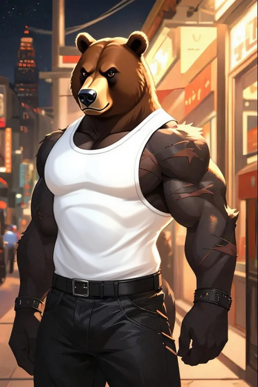 (2d cel anime:1.5),half body shot,looking at viewer, (best quality:1.3), (masterpiece:1.3), (ultra detailed:1.5),(detailed eyes),sharp focus,japanese anime,manga,(droopy eyes),(anthro male:1.3),(Grizzly Bear:1.2),smile,open mouth,huge muscular,(beefy:1.2),(big fellow),tall,(wide shoulder width),((cool T-shirt)),large thigh,(by null-ghost:0.9),by lindong