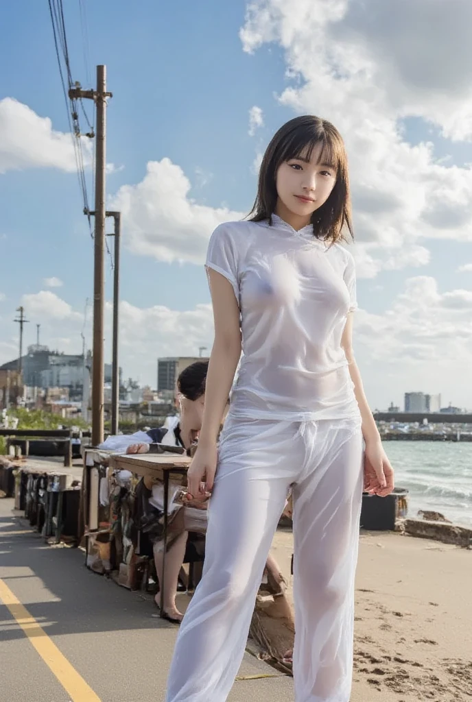 Cute woman、White shirt、mile、Open chest shirt、(A wet shirt with underwear showing through)、Wet Hair、Gazing at the sea、smile、Hibiscus flower、Raising his arms、Thighs、Watching from behind、