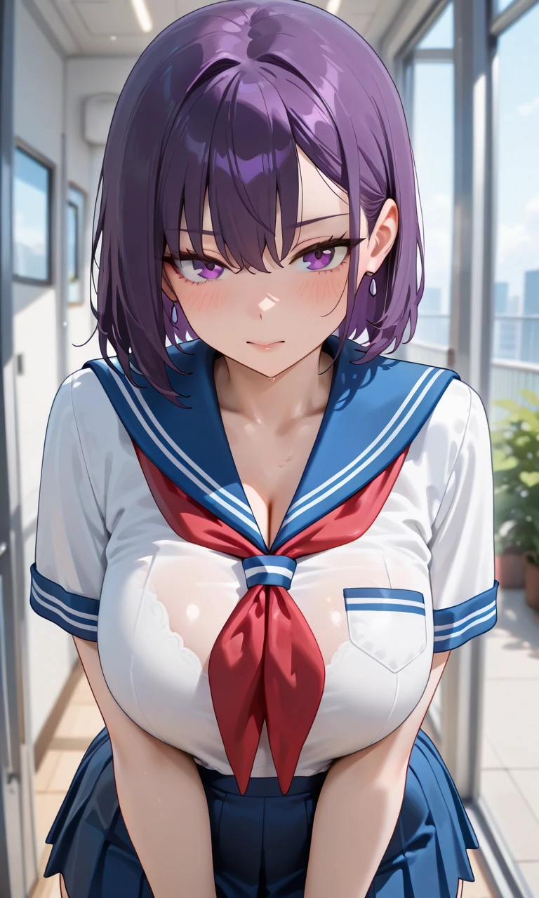 Shooting in the classroom,Photograph the whole body,Are standing,Nagisa Kubo, One girl,Purple Hair,Purple eyes,short hair,Big Breasts,Cleavage,Sexy Sailor Suit