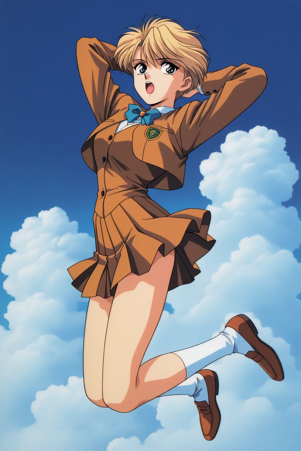 masterpiece, best quality, highres, 1girl, solo, superhero, leotard, blue and white leotard, bare legs, brown hair, short hair, brown eyes, hairband, medium hair, ribbon, boots, matching boots, blue boots, medium breasts, cowboy shot, smile, sky backdrop, haruhi suzumiya, kyoani haruhi style, sleeveless, flying, floating, looking at viewer, perfect arms, perfect legs, perfect hands, perfect feet, perfect fingers, perfect boots, perfect hair, perfect body