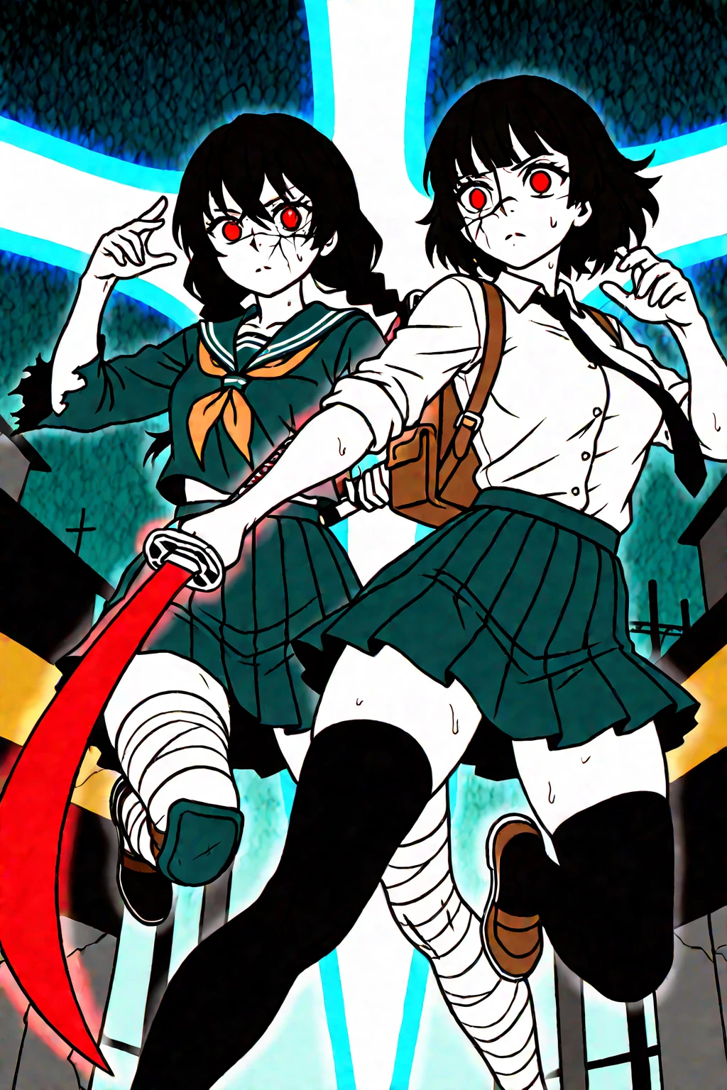 High School Swordfighter, By day, a disciplined honor student in a navy pleated skirt and ribbon-tied blazer. By night, the city's unseen protector - her polished school shoes crunching demon glass as she leaps between neon signs, katana gleaming under streetlights. The slit in her regulation skirt allows for lethal high kicks, her loosened tie whipping through the air like a battle standard. She adjusts her cracked glasses with one hand while parrying a hellhound's fangs with the other, sweat glistening where her rolled-up sleeves reveal ancient combat tattoos. Behind her, terrified classmates huddle near a konbini's glow, unaware the quiet girl who shares their calculus notes now stands between them and the abyss. school uniform combat, hidden warrior, demon slayer, urban fantasy, katana wielder, torn stockings, glowing blade, protective stance, wind-swept skirt, night battle, cracked glasses, honor student duality, neon and shadow contrast, defensive posture, loose necktie, thigh-high socks with garters visible, bloodstained math textbook in abandoned backpack, bioluminescent demon ichor, convenience store light casting dramatic shadows, "ordinary girl" vs "monstrous threat" Play with uniform dishevelment: One sleeve torn at the shoulder, knee pad strapped over stockings Lighting contrast Harsh neon signs vs soft glow of blessed steel School crest embroidered with hidden protective charms Dynamic angles Low camera perspective emphasizing her vulnerability and power "When the bell rings, her real lessons begin" - A delicate balance between youthful innocence and hardened resolve, where every ribbon could be a bandage and every textbook might contain sealing spells.