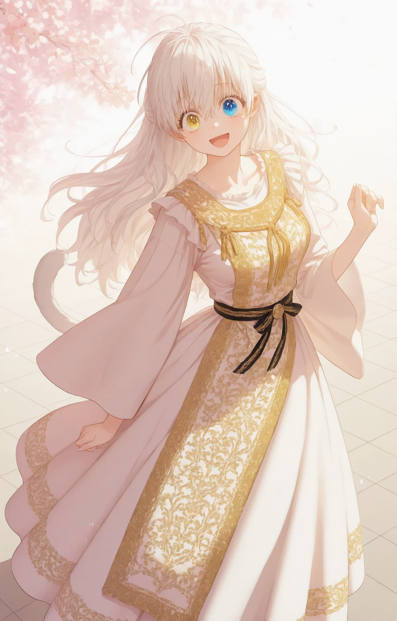 Masterpiece, newest, HD Quality, safe, good anatomy, good lighting, , good resolution, beautiful, anime. long white hair. heterochromia:Sky blue right eye and Golden Yellow left eye, happy and excited, dark eyelashes, piel clara, slim build, Medium Breasts Size C. She is 18 years old, measures 1'66 cm. looking at the spectator, Alone, Spring background. wearing clothes: floor-length kaftan with tail, wide sleeves with elaborate embroidery, waist marked with jeweled sash, superimposed layers of vaporous fabric.