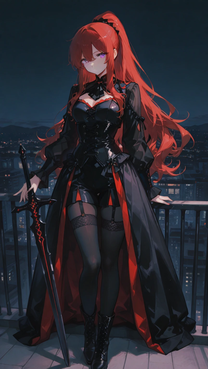 (masterpiece, best quality) an adult woman with very long red hair, short dress, red leather, black bows, long stockings, queen, lake, good anatomy, correct proportions, black boots, torn clothes, queen, yellow eyes, serious, blood, emotionless, red forest, straight bangs, very long red hair, evil, (yellow eyes), gothic, medium chest, head-to-waist portrait,  cinematics, color oil painting, solo, cinematic lighting, extremely detailed face, finely detailed face, beautiful face, beautiful eyes, perfect lighting, depth of field, realistic proportions, good anatomy, long coat, covering hood