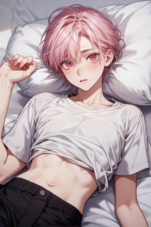 Solo, 1 male, pink hair, gold eyes, white shirt, a single tattoo on stomach, penis, cum, male body