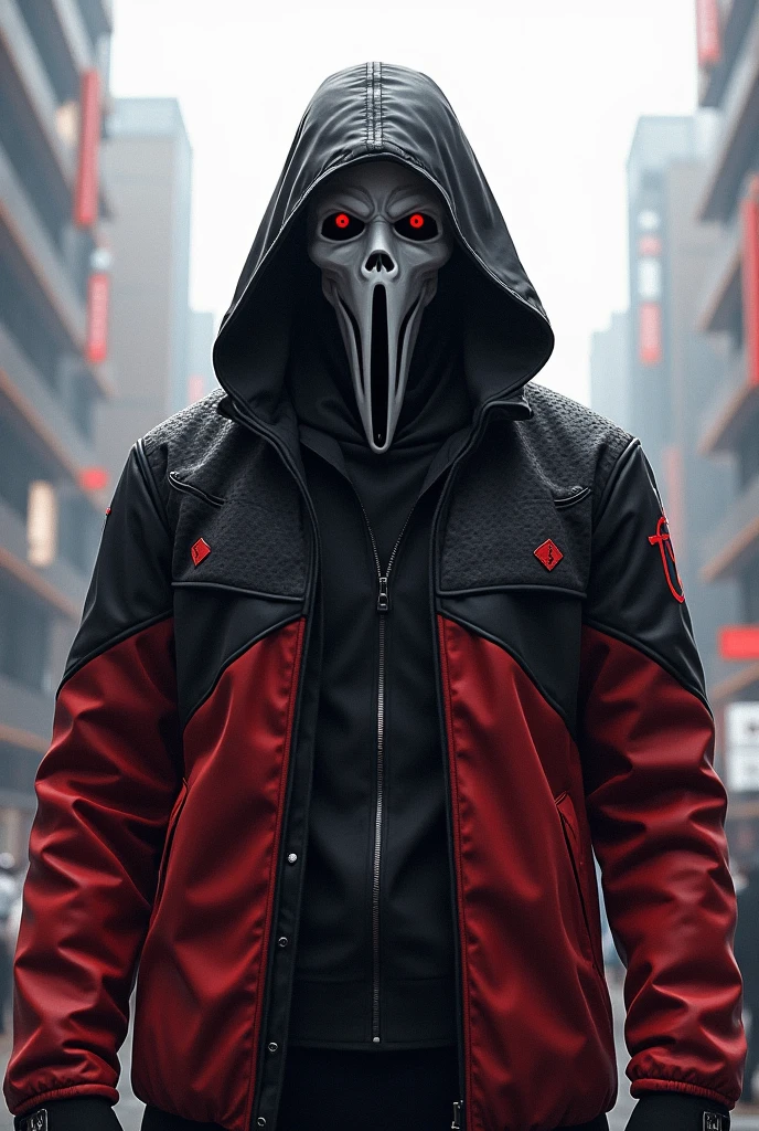 Mask Hacker, hands in pockets and red eyes with the symbol of Odin's horn on clothing