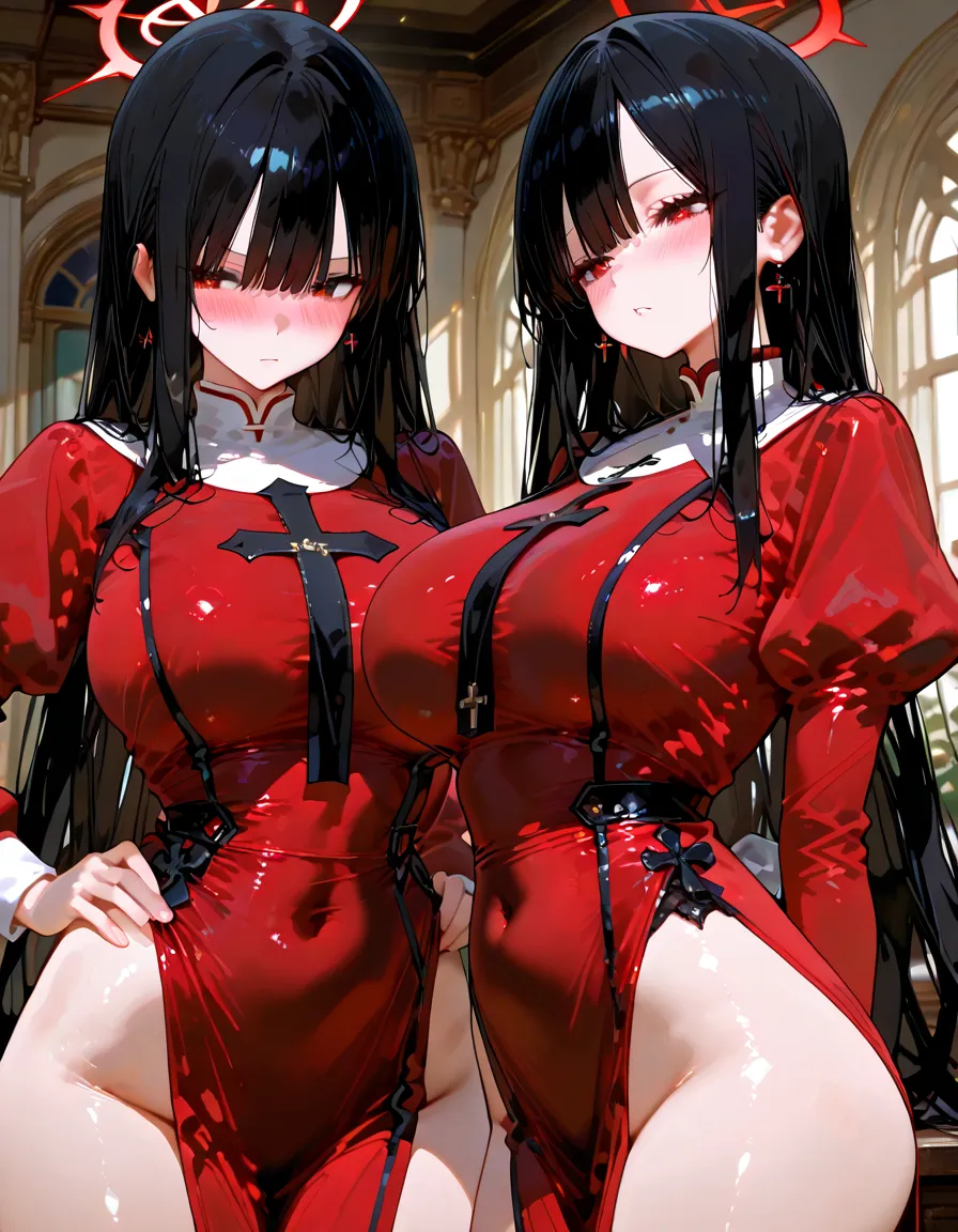 NSFW, highest quality, masterpiece, classy dress, red panties, small breasts, black hair, red eyes, stockings, bitch_virgin, multiple girls, sex