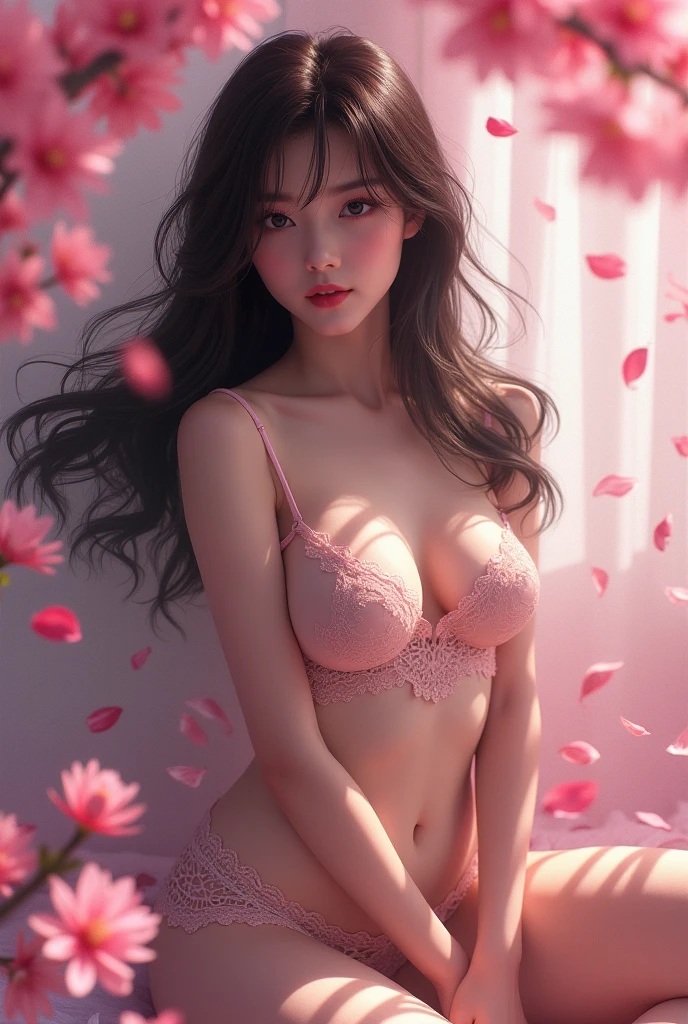 masterpiece, Absurd, cherry blossoms\(bolt\), 1 girl, alone,Mature Woman, detailed bra lenjerie, detailed black thong lenjerie, using detailed sexy white skirt, Upper body naked, Sexy skirt), Perfect composition, detailed lips, Mom, Beautiful Face, Body Type, blush, (Pink Lips), short hair, Green Eyes, Soft impression, Ultra-realistic, detailed, photo shoot, Realistic face and body, Thighs, whole body, Sexy pose, Provocative pose, Sex waiting pose