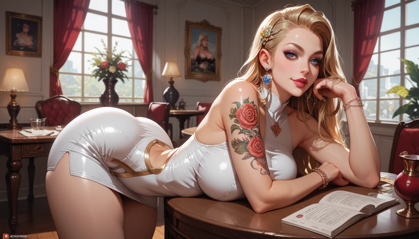 (Masterpiece, Best Quality:1.5), Illustration, Ultra-detailed, finely detail, Hight resolution, 8K Wallpaper, Perfect dynamic composition, cinematic lighting, portrait, looking at viewer, Beautiful detailed eyes, Sexy face, Perfect beautiful hands, Raw real photos, beautiful realistic face, beautiful face, perfect face, highly detailed beautiful face and eyes, attractive face, detailed face, delicate facial features, detailed skin, shiny skin, perfect anatomy, highly detailed background, BREAK, (full body, sitting:1.5), (Shaved head:1.3), (professional make-up, eyeshadow, lash extensions, lips:1.4), (traditional tattoo:1.4), (pâtissier uniform:1.6), (three view drawing, front and back and side, character sheet:1.2)