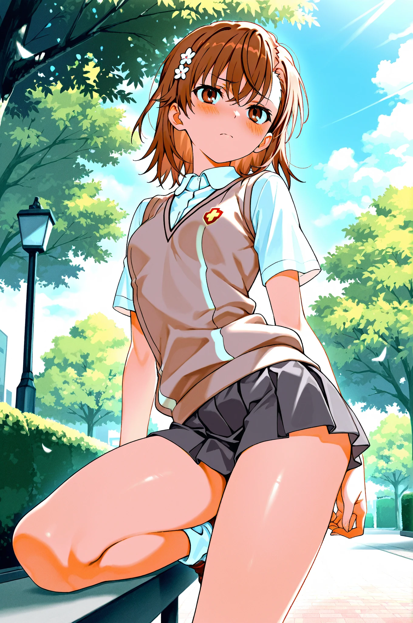 [[Anime Style]]、[[Digital Art]]、[[Wow]]、College girl in short sleeve white blouse、[[Short Channel]]hair、[[Cherry tree]]Forest Background、Cloudy、Neutral lighting、[[Small lighting]]、The wind blows and flips my skirt up, A glimpse of underwear、Underwear is visible、Backward view、Make your butt bigger、Looking up from the ground