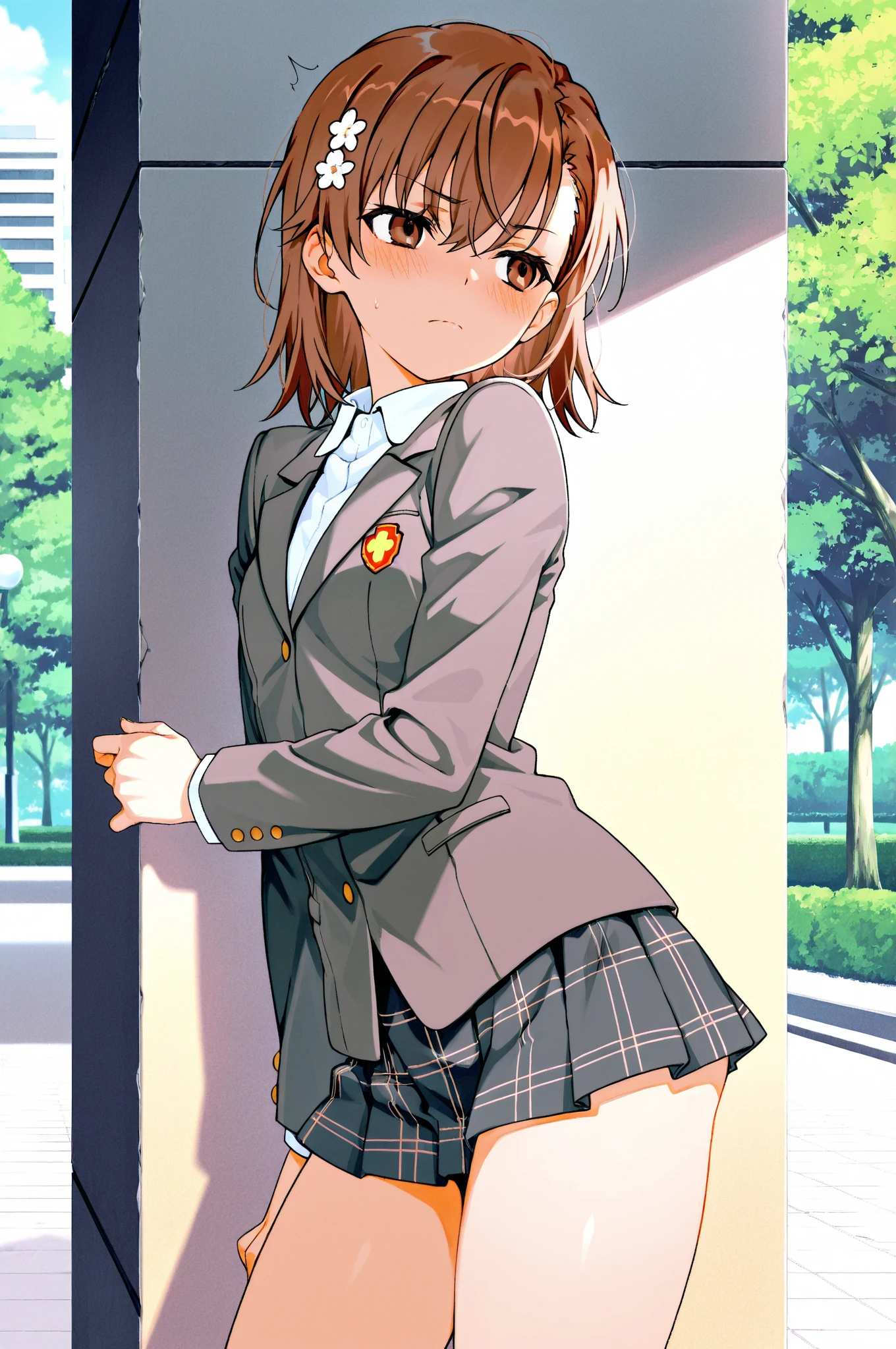 one person in, short_hair, closed_mouth, with collar_shirt, long sleeve、long sleeve、looking for_in_viewer, School_uniform, shirt, white_shirt, wearing a down jacket.small_chest, short hair, hair flower, white shirt, sweater vest, short sleeve, gray skirt, Shorts Underskirt Amikoto, short hair, hair flower, red bow tie, blazer, brown jacket, long sleeve, Checkered Skirt Amikoto, short hair, hair flower, Gym suit, bare shoulders, sleeveless shirt, white shirt, short shorts, white shorts, ((highest quality, High resolution, nffsw, perfect pixel, 8k, nffsw, nffsw))), 1 girl, single, one person in, beautiful woman、I could see the whole body、((brown eyes, beautiful eyelashes, realistic eyes)), ((detailed face:1.2)), ((smooth texture:0.75, realistic texture:1.0, ((realistic:1.3)), Anime CG style)), medium breasts, dynamic angle, perfect body, in bed, nsfw:1.5,back view, (((look back:1.3))), colorful, 1 girl,Park in, evening, crawl on all fours, back view, stick out one&#39;s butt,((big butt:1.2)), 
