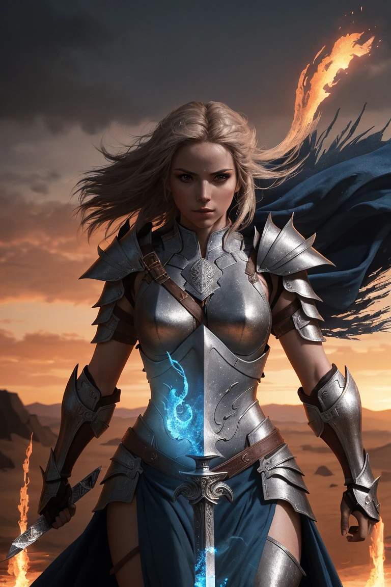 Masterpiece, Ultra Wide Shot, (1girl), (intricate clothes armor), freckles, (beautiful face:1.2), (blue eyes:1.2), (white long hair), (1glowing blue sword stabbed in the ground), (desert background), (desert castle), stones, foggy weather, a beautiful female knight, dark, epic, fantasy art style, uhd, extremely detailed artgerm, 4k fantasy art, beautiful celestial warrior