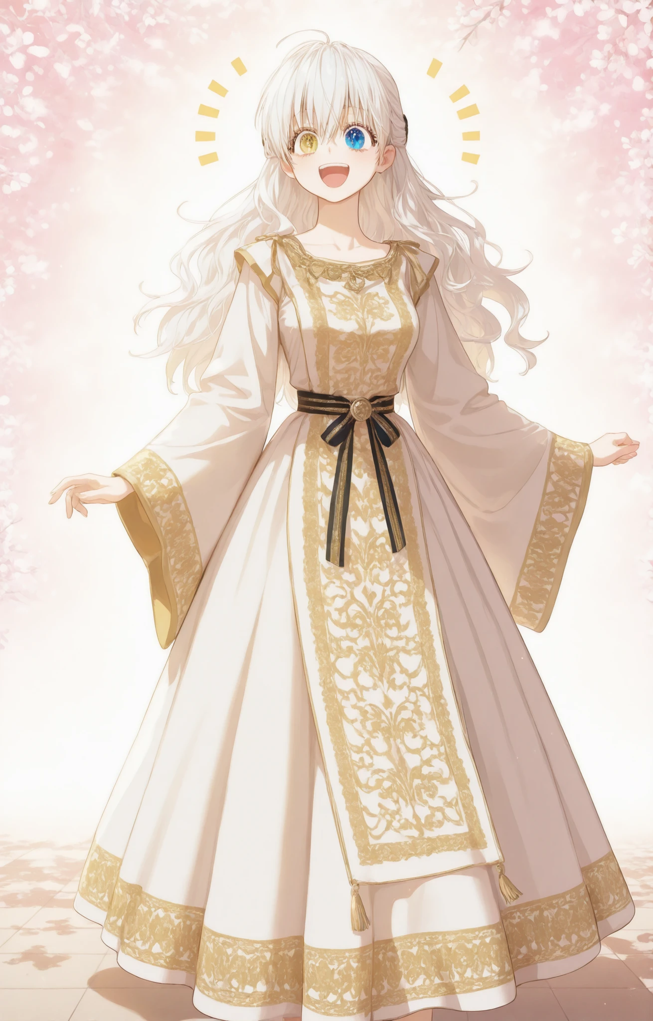 Masterpiece, newest, HD Quality, safe, good anatomy, good lighting, , good resolution, beautiful, anime. long white hair. heterochromia:Sky blue right eye and Golden Yellow left eye, happy and excited, dark eyelashes, piel clara, slim build, Medium Breasts Size C. She is 18 years old, measures 1'66 cm. looking at the spectator, Alone, Spring background. wearing clothes: Floor-length kaftan, wide sleeves with elaborate embroidery, waist marked with jeweled sash, superimposed layers of vaporous fabric.