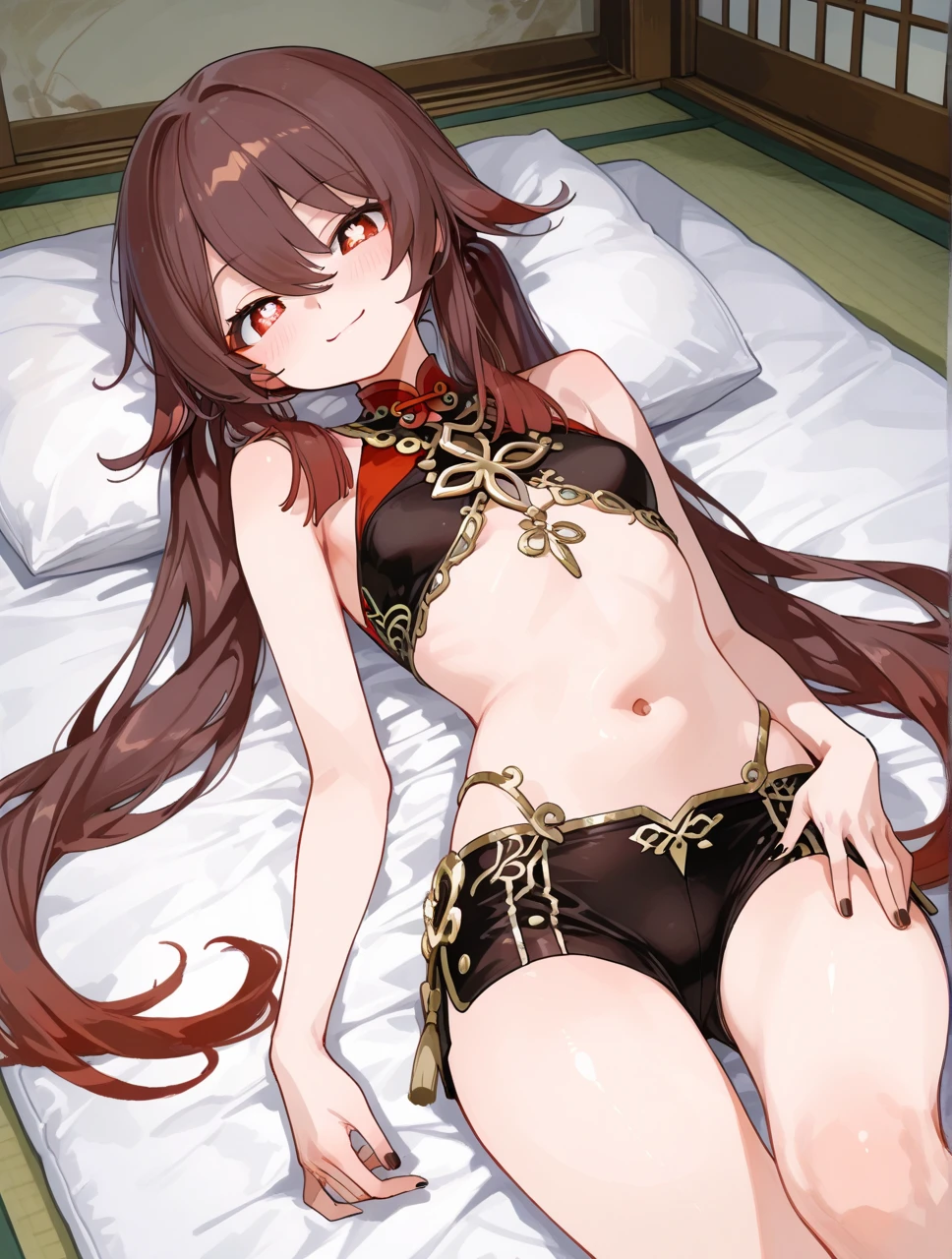 a beautiful girl in a suggestive pose an a luxurious scarlet bed wearing skimpy underwear long hair