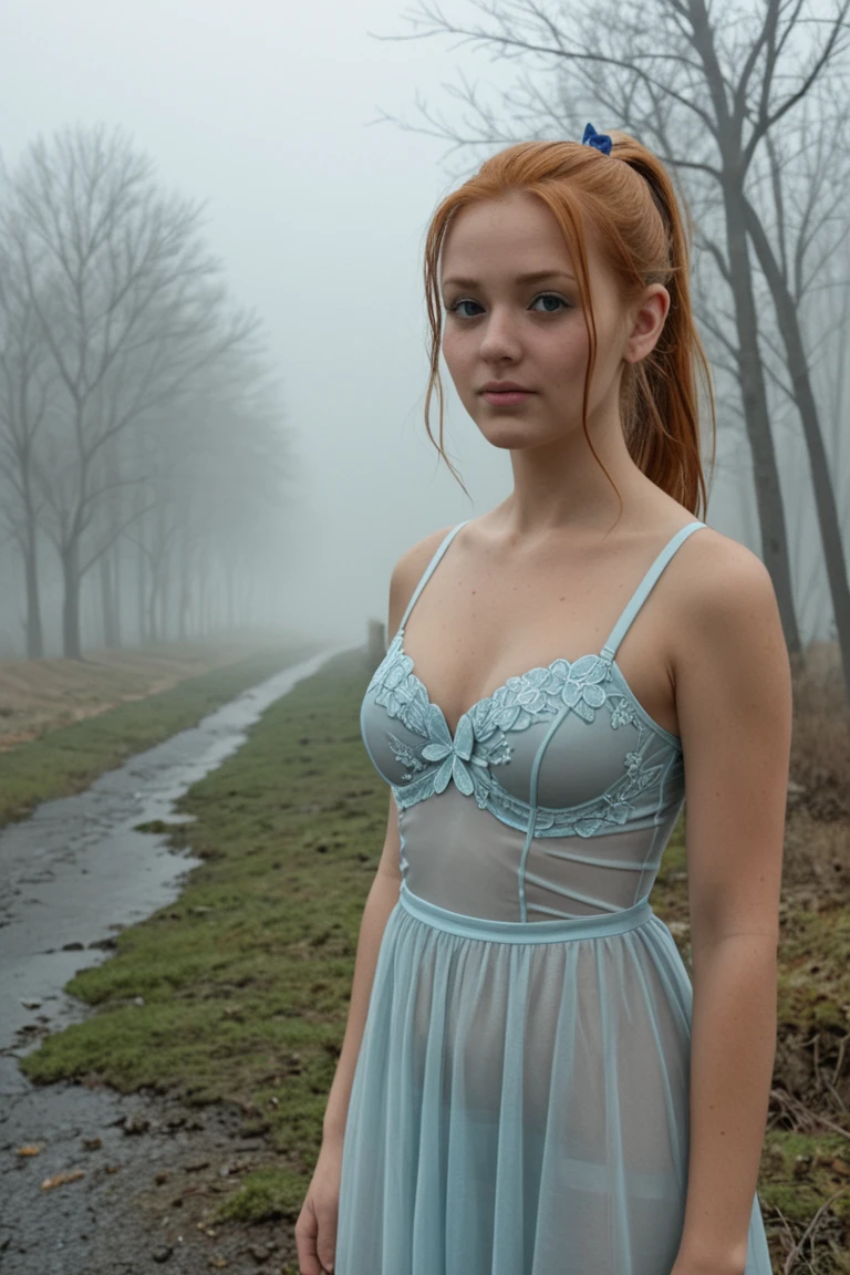 A luscious paintings captures a vibrant colorful moment Featuring A blonde-curvy girl. 18yo, curvy girl, natural-makeup, (freckles, blushing), puffy lips(bold pink-lips), porcelain skin(very pale skin), large sagging breasts, wide hips. Her gold-blonde-hair is straight(top ponytails).
She is capturing attention in lush green surroundings, Dressed in a strapless attire(backless, accents her large sagging bust),and a studded-choker. Pout face expression, she is holding a plastic bag with a shiny sticky-sweet slime(glowing sticky slime).
he photograph captures the cold of the fparty-orest(with mist, foggy),Sad atmosphere and the sense that something oppressive is about to unfold. A haze and a soft focus on the background enhance the quality of the image. ((The camera is tilted to create a sense of disorientation or artistic tension, Dynamic camera angle view))-adding a surreal touch to the Lovecraftian, (backlighting), (depressive colors), faded film, desaturated colors, 70mm photo, grainy, vignette, vintage, Kodachrome, Lomography, Horror movie effects. vignette, high budget, bokeh, epic, Inspiration from the writings of H.P. Lovecraft