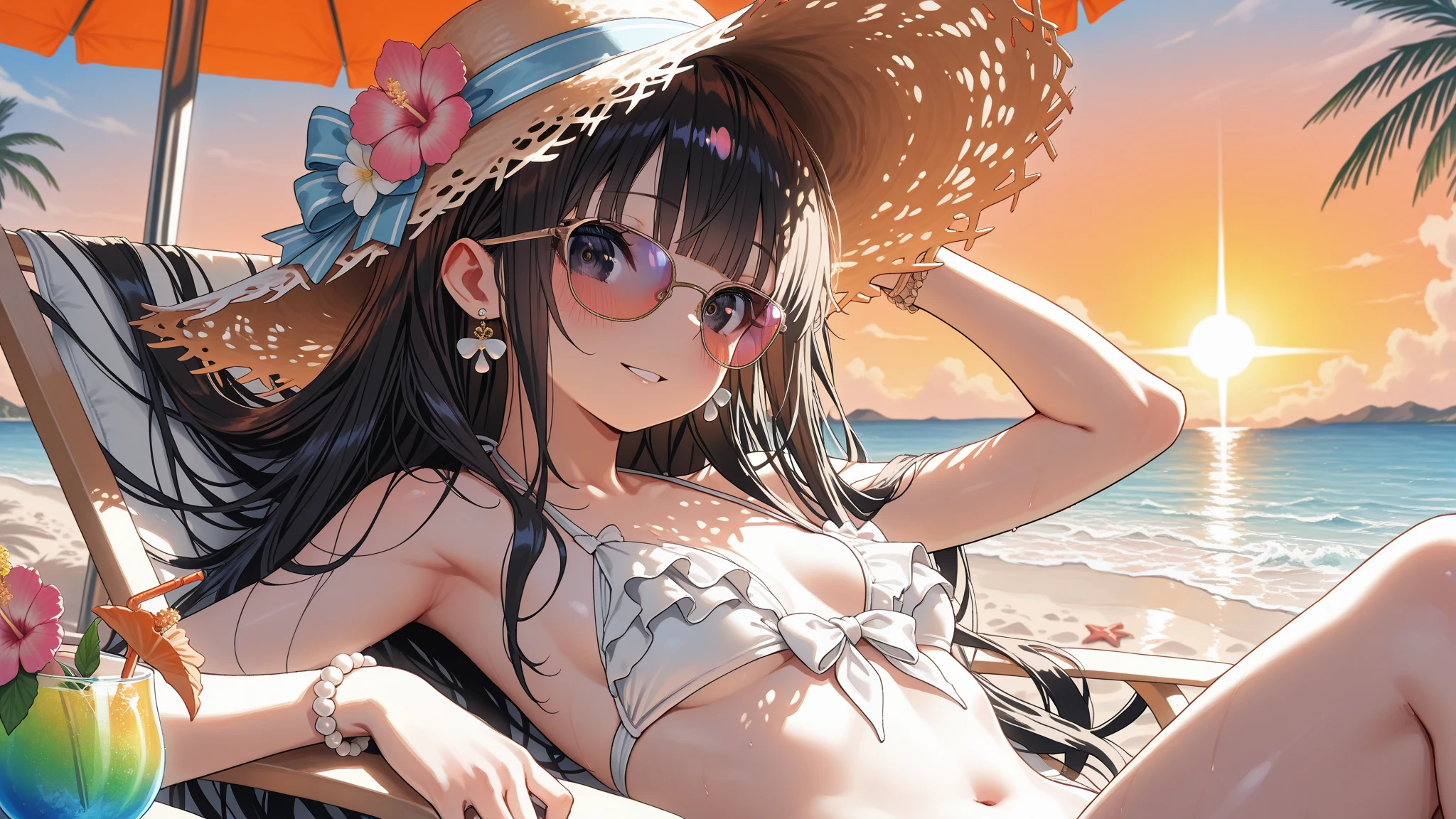 One Girl, long tied brunette hair, smile, blue eyes, Wink, View your audience, Wear a bikini, flower straw hat, (Beach), (sunset), evening, masterpiece, 8K, Perfect lighting, Perfect outfit, Perfect Anatomy, Perfect Eyes, Perfect Face, Sharp resolution, (Face close-up)