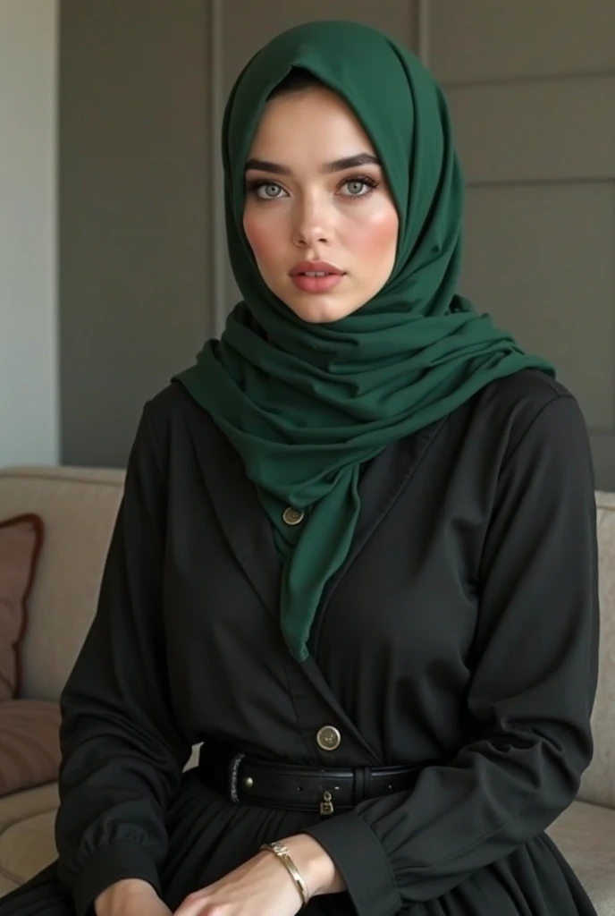 hijab beauty dressed long dress chubby pretty face white face green eyes