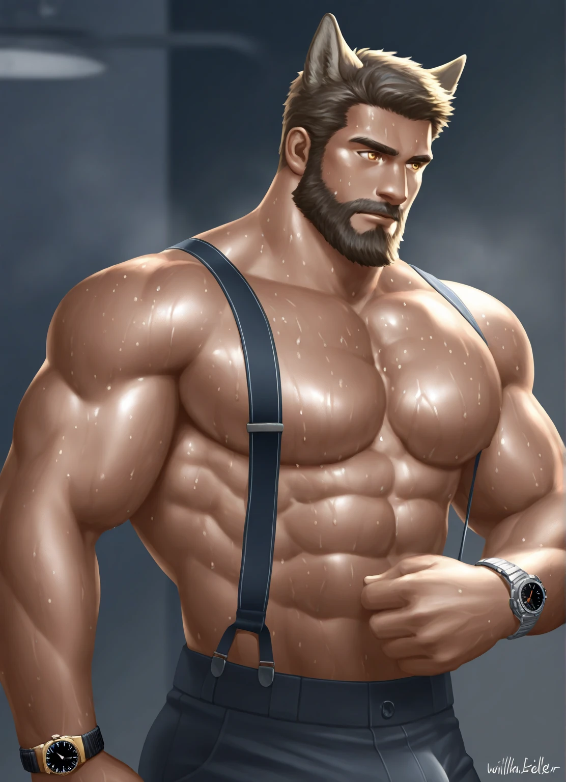 Floor plan，Wolverine stands among the blue flowers，looking at the distance，There are peach blossoms above the picture，Wolverine raised his hands，The appearance of a 40 year old Asian man，Nasolabial folds，sad expressions，Tears welled up in the corners of his eyes，Sweat all over the body，Naked upper body，The lower body is wearing a grass skirt，Oily skin reflexes，red brown hair，Reddish-brown beard，Huge pectoral muscles，Brownish-yellow skin，((Crotch bulge))，Detailed hair details，Detailed petal texture，Paintings in the style of Gaston Busier，Light at dusk，Solid yellow background plate，The image has a border decorated with petals，globalillumination， CG-level lighting rendering，low-contrast， (best qualtiy)，tmasterpiece，8K wallpaper quality，