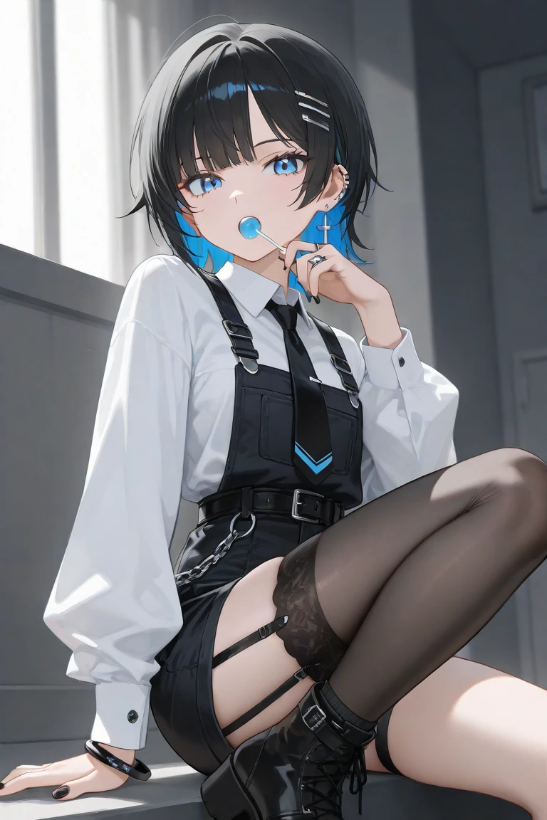 A 16-year-old boy，cute，Wear a white short-sleeved shirt and a black work tie，Wear long black pants，Wear black booties，Wear white gloves，wear cat ears，Black hair，Black eyes，Handsome，Disdainful and cold expression，shy，Very blush，Sweating，crying，opening mouth，pornography，pornographic action，wheezing，Bundle play
