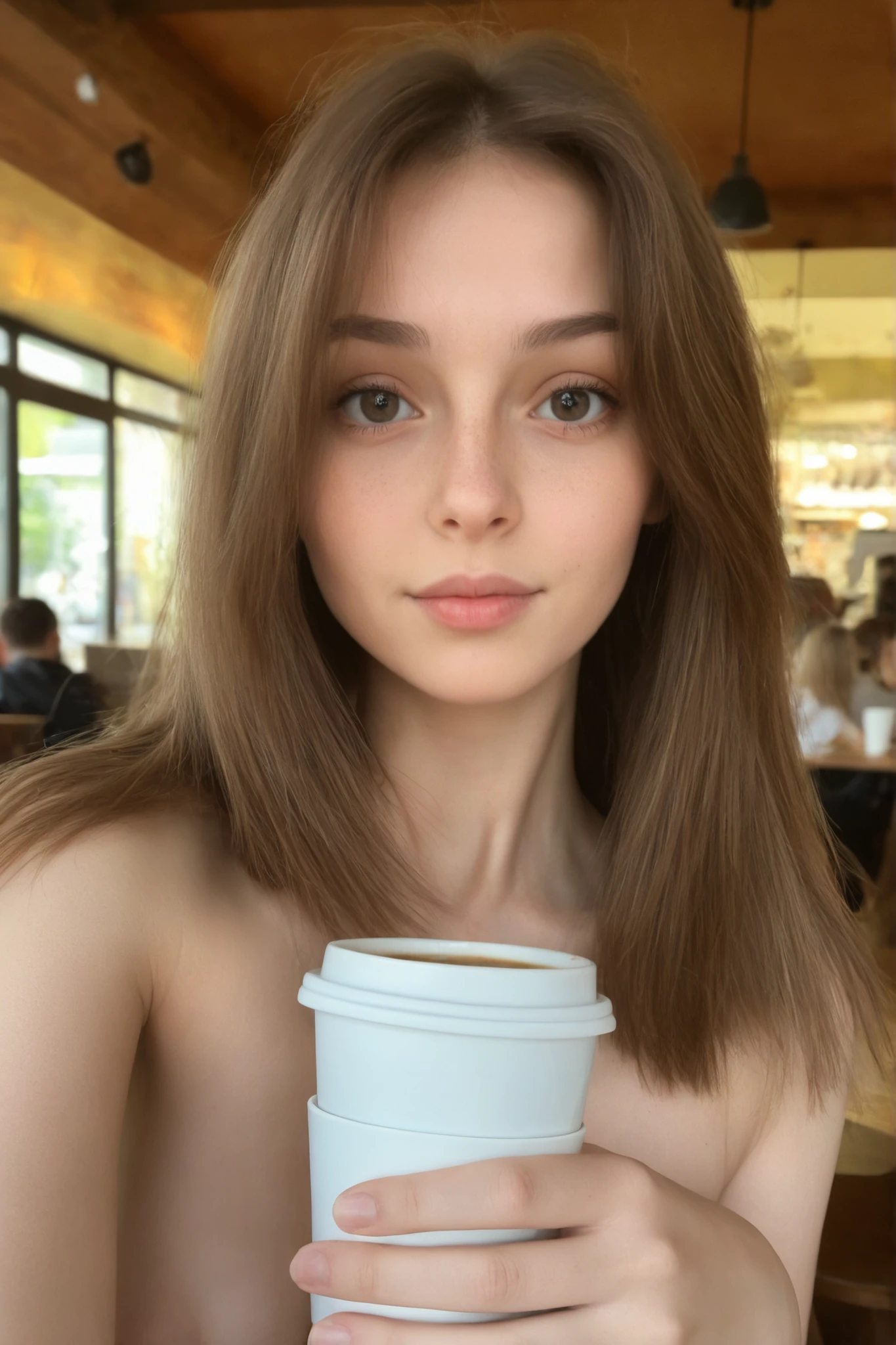 A beautiful woman with a delicate face, large expressive eyes, straight light brown hair reaching her shoulders, smooth skin without freckles, slender body with medium breasts and natural curves, drinking coffee in a cozy café, photo style selfie taken with a cellphone, natural lighting, blurred background with warm tones.