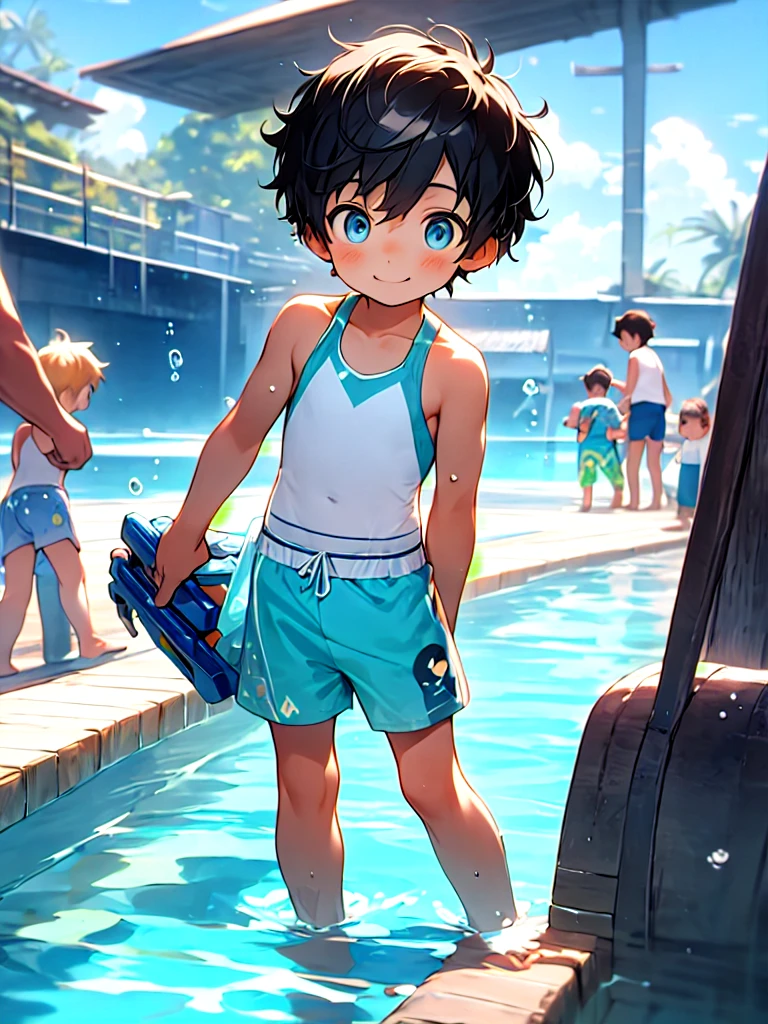 Cute,happy , Topless, , 3 boys, child, Boy showing off his figure, Male focus, swim, Full body picture, , amusement park