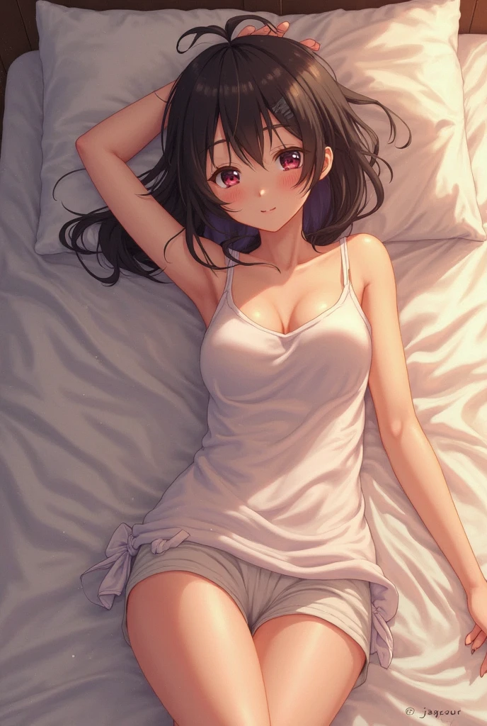 Beautiful girl waking up with her head on the pillow lying face down half covered with the sheet, smiling, disheveled and wearing pajamas with a black nightgown and mini shorts,