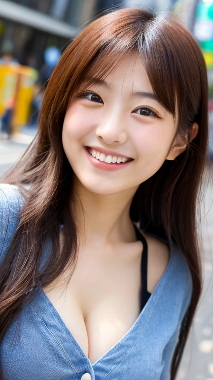 masterpiece,best quality,(Japanese ),((Beautiful girl)),cleavage,(perfect body beauty:1.2),(shy smile),beautiful teeth,(hat),(Blurred background of brick buildings),