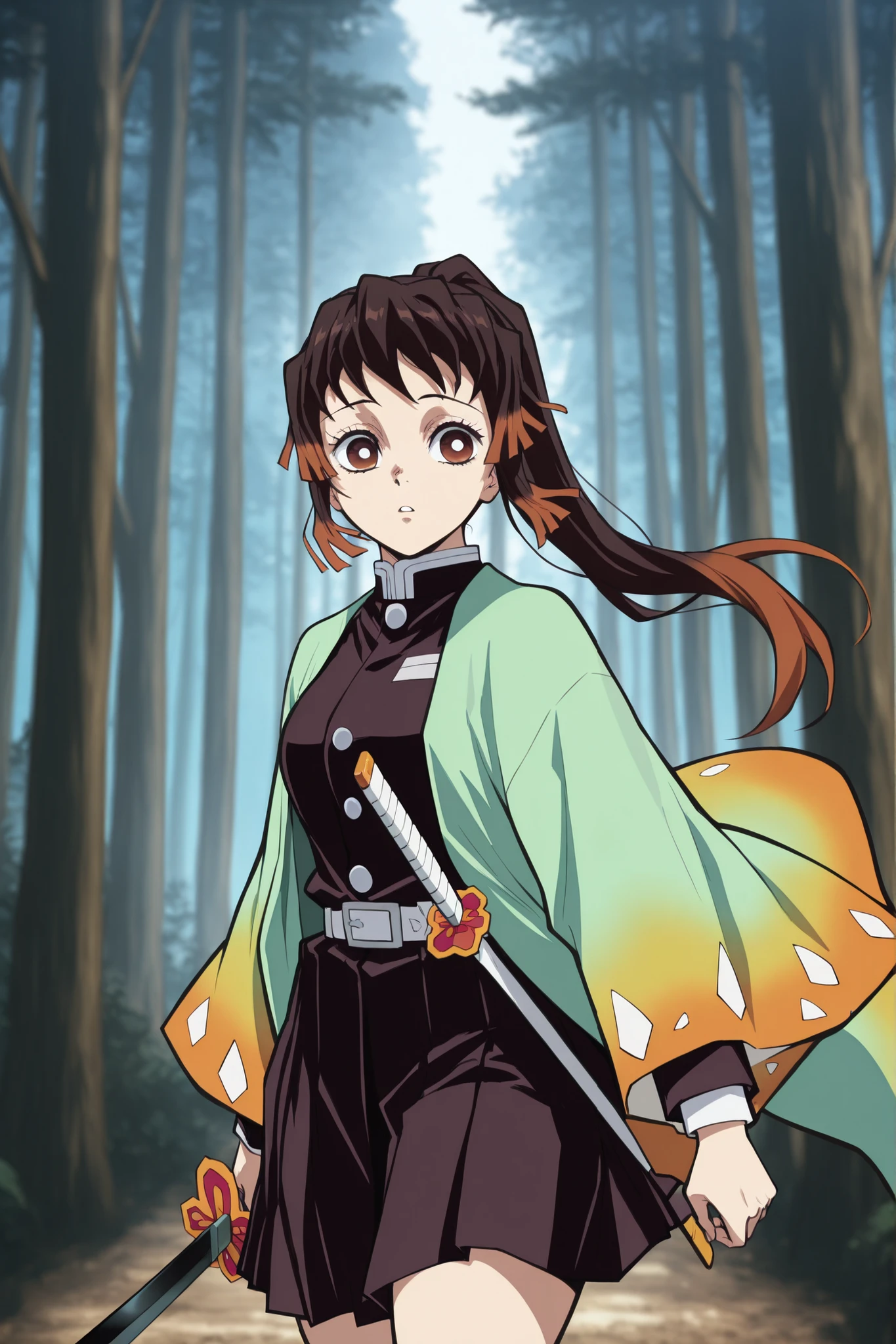 Masterpiece, Demon Slayer painting, anime, cute, alone, beautiful, gentle, unique fashion, Demon Slayer uniform, short skirt, green haori, swordsman, forest, round eyes, brown eyes, brown hair woman, long ponytail, yellow-green gradient at the end, bright effect, sword