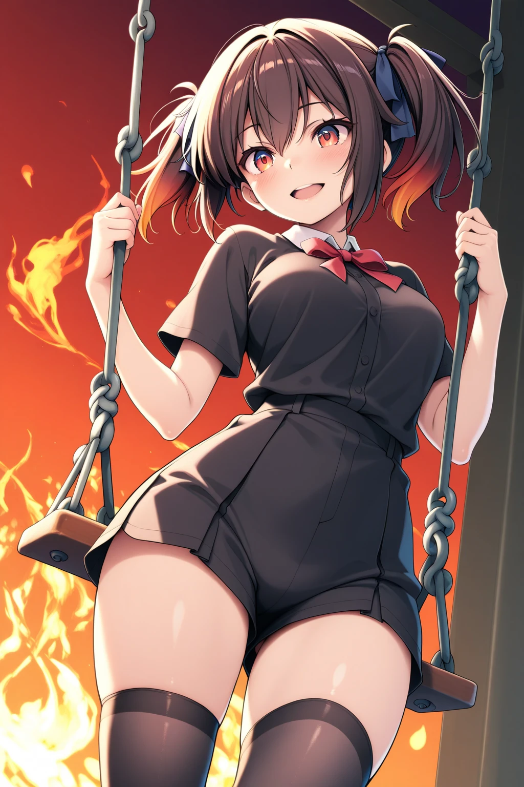 (bound arms, arms behind back, rope, bound legs:1.2), squatting, highres, highest quallity, illustration, ultra detailed, (detailed face), (detailed eyes), soft lighting, best quality, hyper detailed, masterpiece, looking at viewer, angry, open mouth, 1girl, solo, short hair, brown hair, school uniform, skirt, (colorful), shack, window, night,