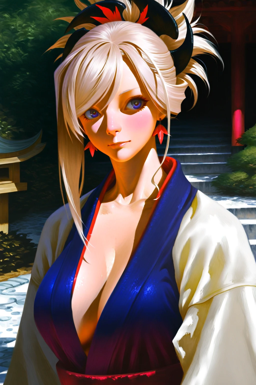 real Life adaption of this character,her name Tsunade senju from anime naruto ,hyper realistic ,very realistic detailed yellow hair, high resolution, photorealistic,very detailed,short and revealing kimono, beautiful face,detailed shining eyes, longing expression, loving smile, realism, cleavage, large breasts,