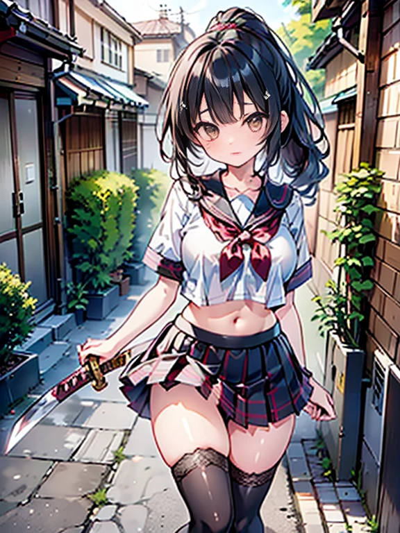 RAW Photos, Highest quality, High resolution, Realistic, One girl、Young Japanese Girl, 17 years old, whole bodyポートレート, Expressionless, poker face, Stone Face, model, Big Breasts, short hair, Wavy Hair, Curly Hair, Gray Hair, Silver Hair, Light brown hair, Hollow Eyes, Hollow Eyes, ((Thin thighs)), Diagonal bangs, Cute face, Shiny skin, Beautiful body, Beautiful Skin, concentrate , Naked from below, (school uniform, Lead Bow Tie, Black apron dress, Highly detailed corset, Gothic, Frill dress, Beautiful embroidery, (Long skirt:1.2):1.4), (Skirt flip:1.5) show, underwear, simple underwear, (Squat、One knee:1.5)、(Spread your legs:1.5)、((Showing white panties))、Good lift、Exposing the breasts、Showing off a white bra、Troubled face、climax、Excited、close your eyes、Open your mouth、Sword Drawing Technique, Battoujutsu、whole body