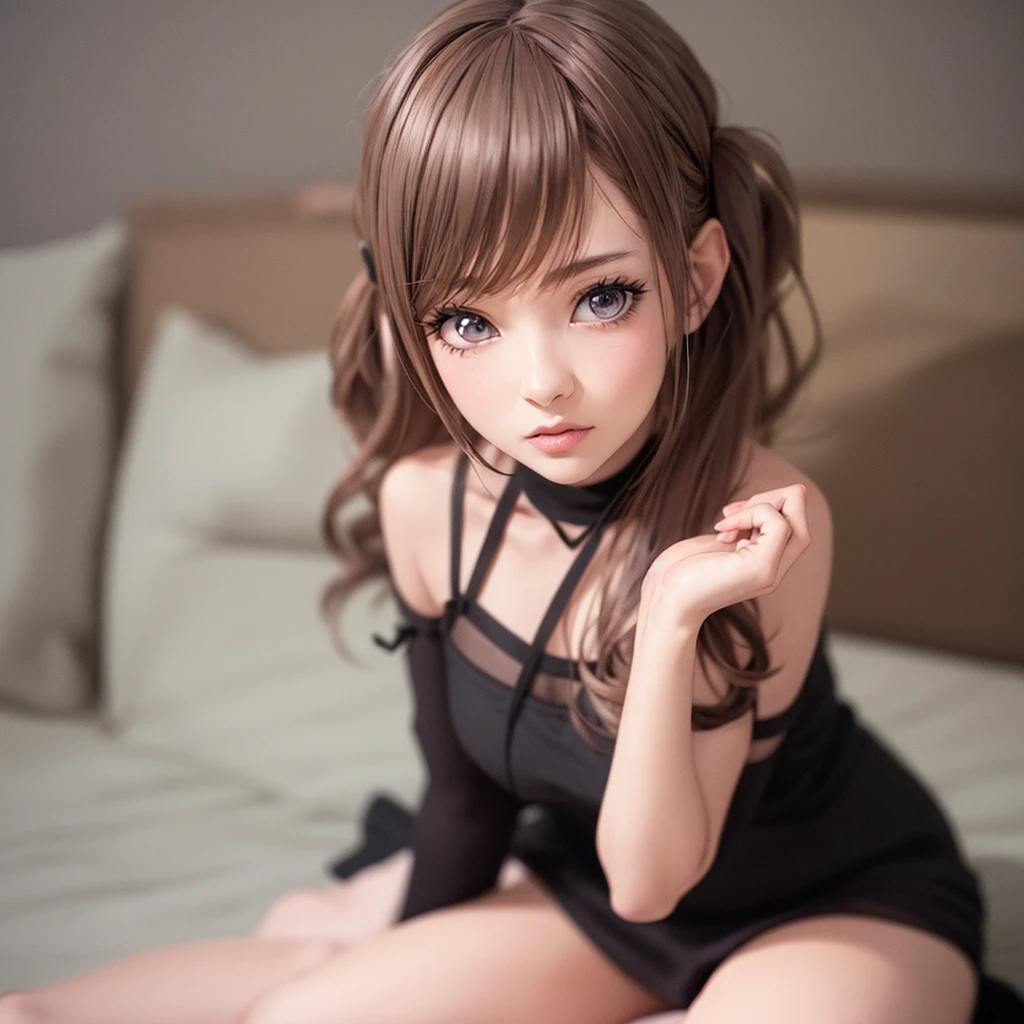 High definition image quality, A girl in a long white dress,Lying in a bed，Hands and feet are chained to the bed, red and black eyes. Realistic beautiful face. Highly detailed face. Beautiful painting by Artger --auto