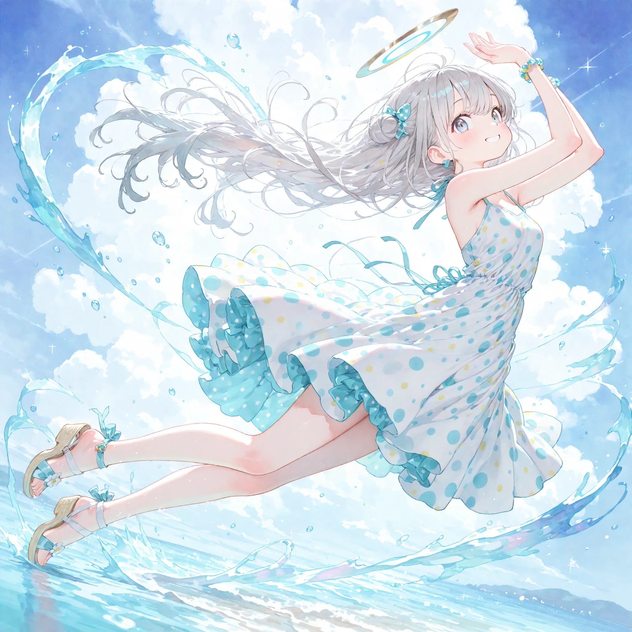 Top quality, masterpiece, watercolor style, female, Rainbow long hair,Rainbow Eyes, transparent feathers, Transparent tulle iridescent swimsuit that allows light to shine through, spectacular splashes of water, sea of galaxies, sea of stars, arms spread out running pose, smile