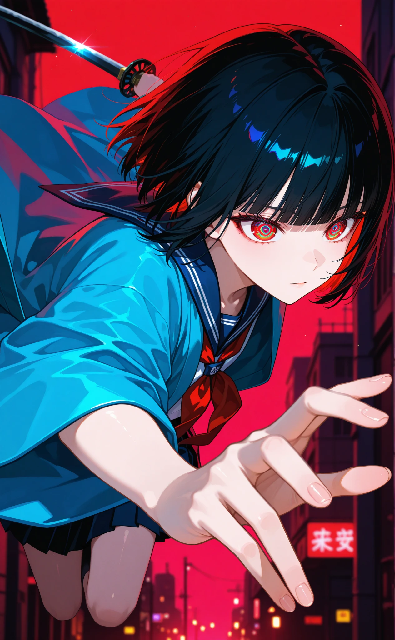 [(RED BACKGROUND:1.5),::5], ((((masterpiece)))), high quality, ultra very high resolution, full color, (((solo))), ((little boy)), black hair, ((blue colored inner hair)), ((purple eyes)), anime, ((upper body)), neon light, black parka, (lightning effect:1.2), (Blood effect:1.5)