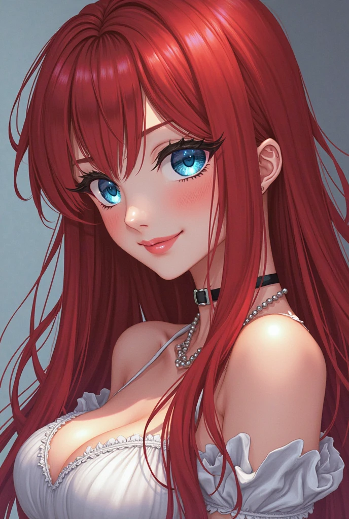 1 woman, (((((UHD))))), (((((masterpiece))))), ((((super detail)))), high details, ((((high quality)))), ((((best quality)))), (((highres))), ((((16k)))), ((Shadows)), ((bright red hair)), hair over shoulder, side swept bangs, (black crop top clothing), ((white platted mini skirt)), (colourful), heart-shaped pupils, one eye closed, sparkling eyes, ((big beautiful light blue eyes)), crystal earrings, grin, bright pupils, (evil smile), natural lips, light blush, cheek-to-cheek, sparkle, god rays, backlighting, reflection light, bloom, dutch angle, perspective, from above, from front,  ((perfect breasts)), ((defined jawline)), (Royalty lighting), ((16:9 image), (portrait imagery), beautiful natural background, sweaty armpits