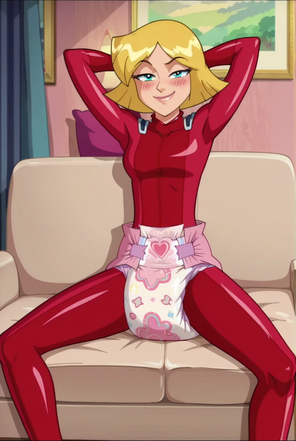 Clover, totally spies, blue eyes, blonde, medium hair, red santa custom, santa hat, long sleeves, skinny, half-closed eyes, smile, shota-boy, room, penis, belt, cowgirl sex position, black boots, skirt, on all fours