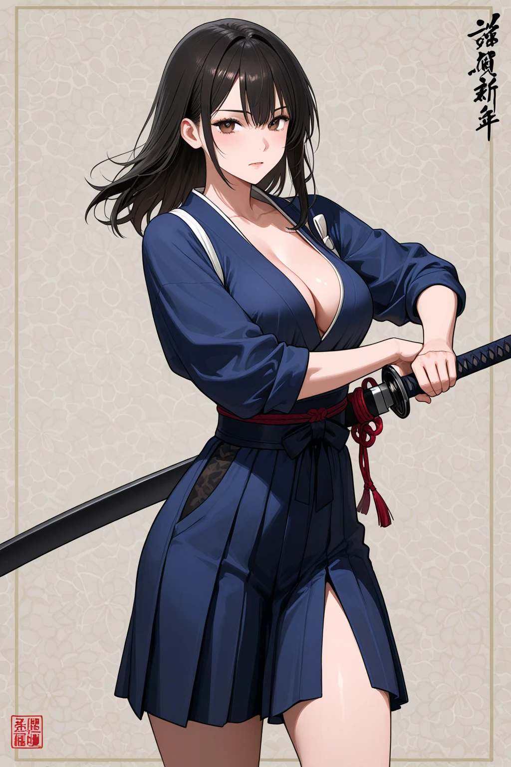 female ronin, wearing a bamboo hat, pretty, big boobs, winks at the viewer, Sword in both hands, you see the whole body, runs to the spectator