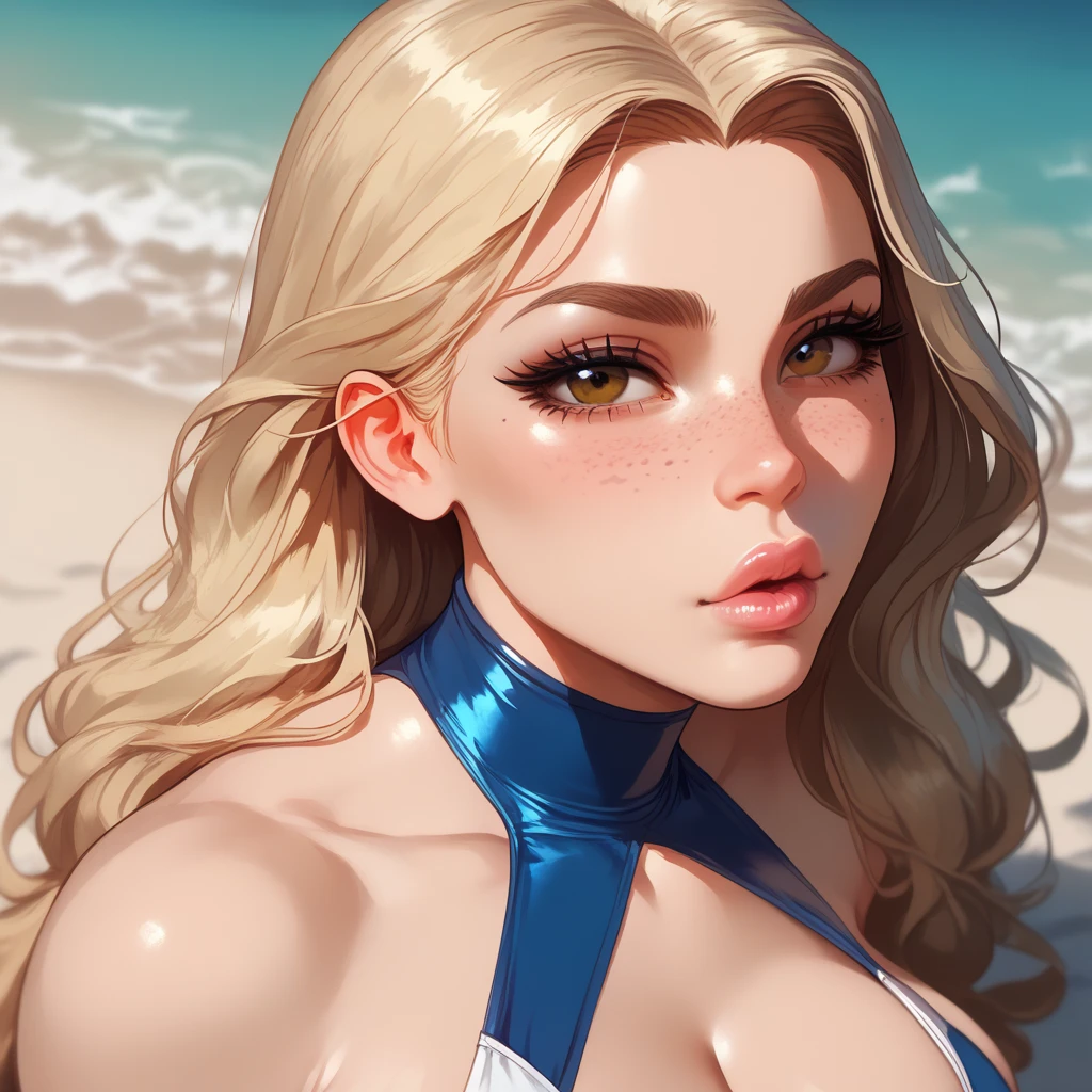 8k, 1.2, pechos grandes, fit body, cara extremadamente detallados, hermosos ojos ultra 4k detallados, Margot Robbie, cloudy day, high resolution, ultrasharp face and eyes, 8k, upper body and head, blonde long hair, cute, sensual look